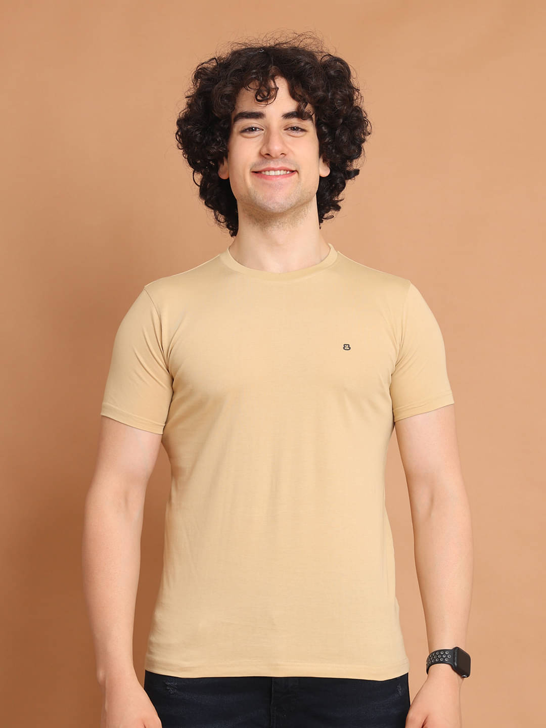     			BERRYBLUES 100% Cotton Regular Fit Solid Half Sleeves Men's Round T-Shirt - Beige ( Pack of 1 )