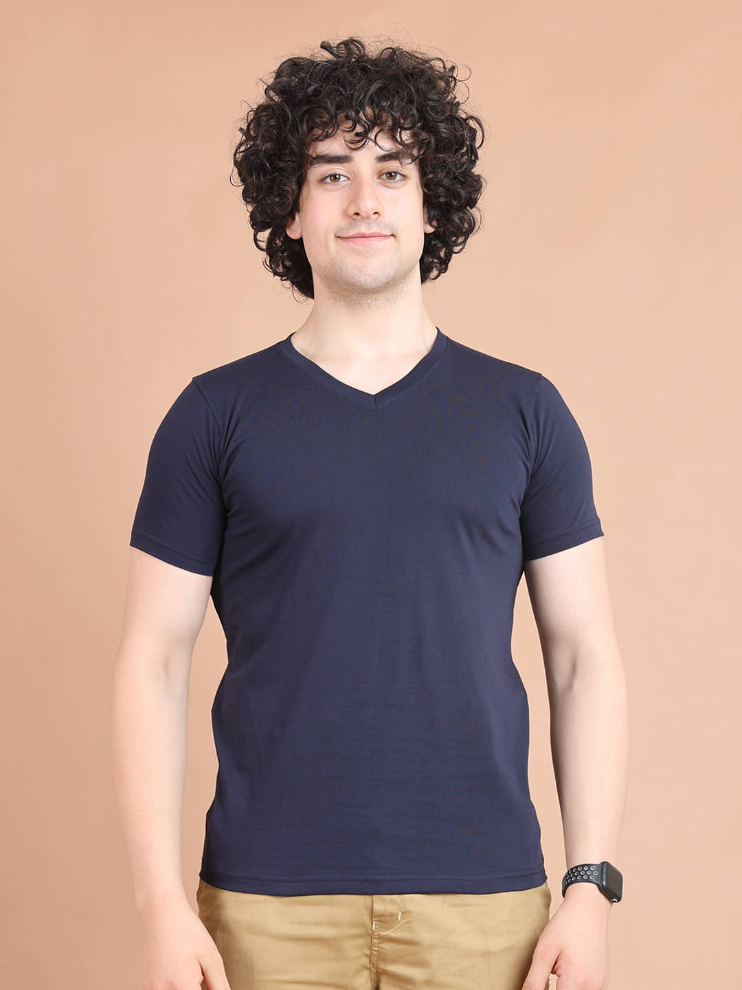     			BERRYBLUES 100% Cotton Regular Fit Solid Half Sleeves Men's V-Neck T-Shirt - Navy ( Pack of 1 )