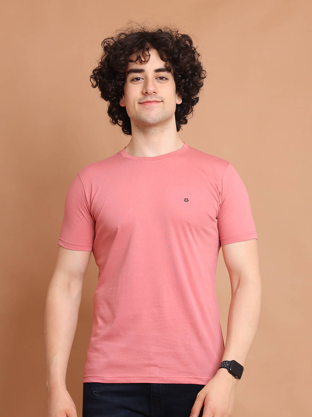     			BERRYBLUES 100% Cotton Regular Fit Solid Half Sleeves Men's Round T-Shirt - Peach ( Pack of 1 )