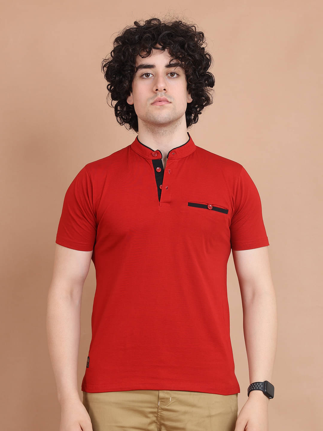 BERRYBLUES 100% Cotton Regular Fit Solid Half Sleeves Men's Mandarin Collar T-Shirt - Red ( Pack of 1 ) BERRYBLUES 100% Cotton Regular Fit Solid Half Sleeves Men's Mandarin Collar T-Shirt - Red ( Pack of 1 )