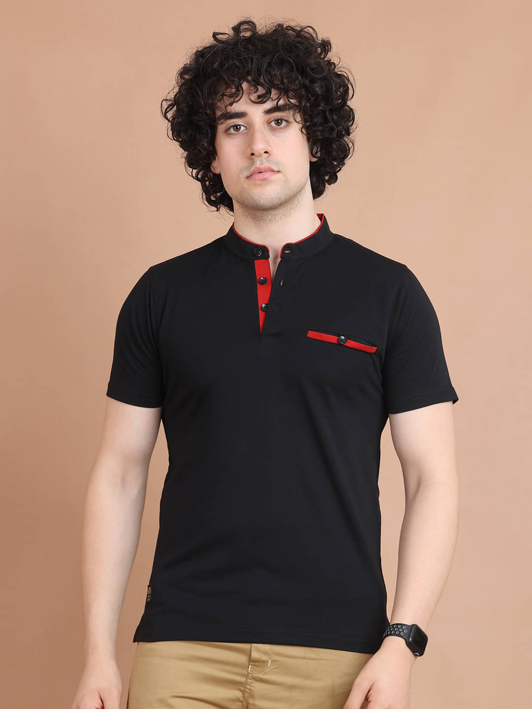 BERRYBLUES 100% Cotton Regular Fit Solid Half Sleeves Men's Mandarin Collar T-Shirt - Black ( Pack of 1 )     			BERRYBLUES 100% Cotton Regular Fit Solid Half Sleeves Men's Mandarin Collar T-Shirt - Black ( Pack of 1 )