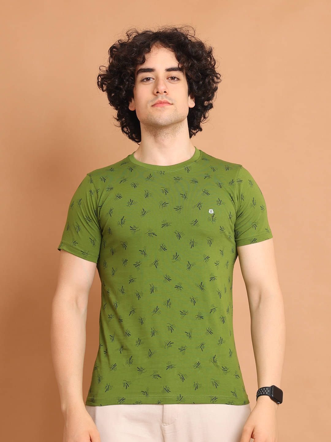     			BERRYBLUES Cotton Blend Regular Fit Printed Half Sleeves Men's Round T-Shirt - Olive ( Pack of 1 )