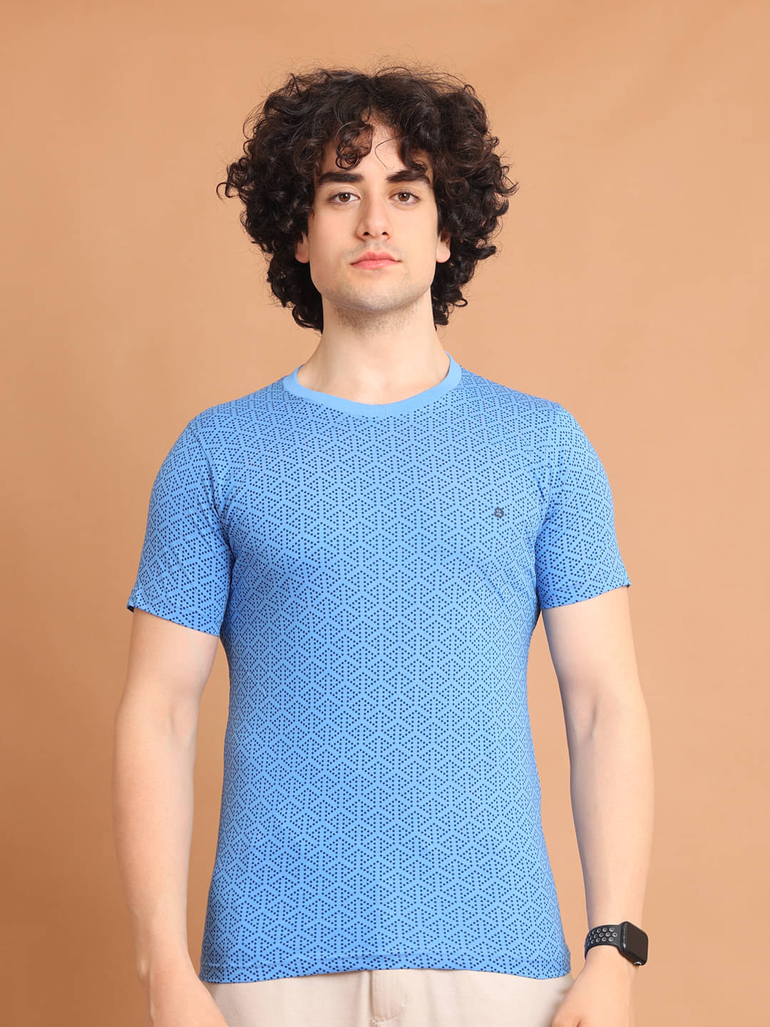     			BERRYBLUES Cotton Blend Regular Fit Printed Half Sleeves Men's Round T-Shirt - Blue ( Pack of 1 )