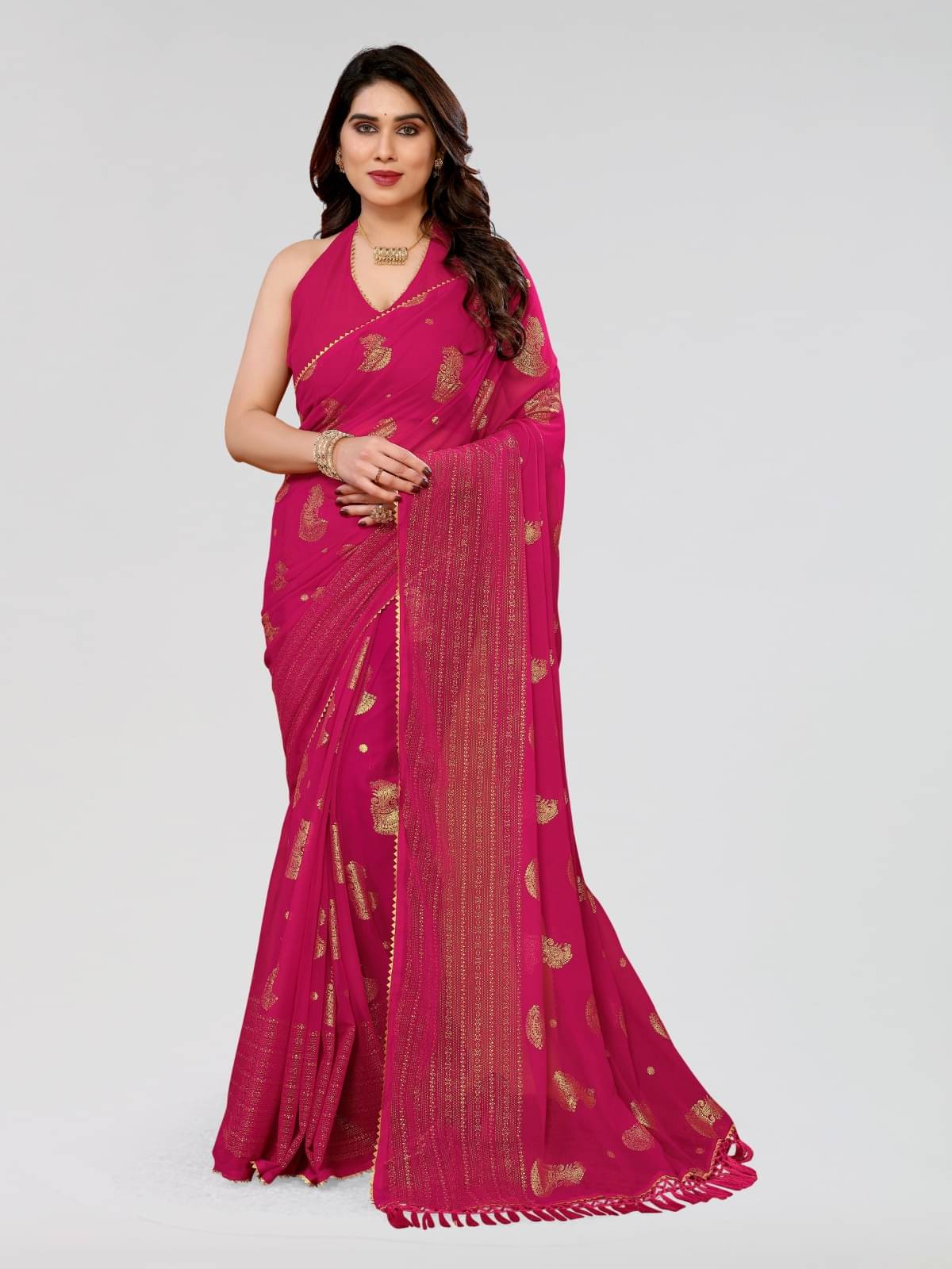 DIKONA DESIGNER Georgette Solid Saree With Unstitched Blouse Piece ( Pink ) DIKONA DESIGNER Georgette Solid Saree With Unstitched Blouse Piece ( Pink )