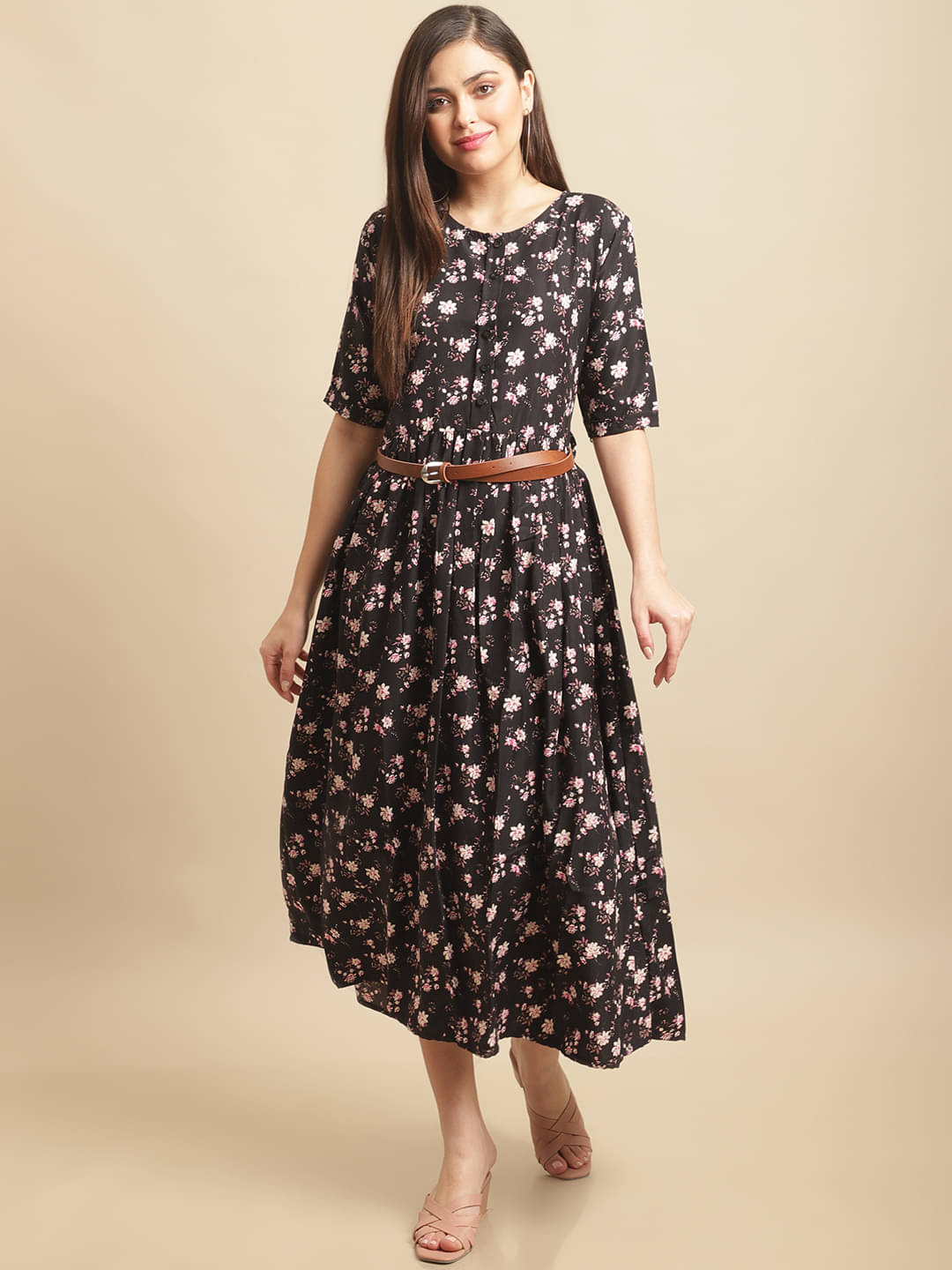     			Fabflee Women Rayon Printed A-line Dress ( Black )