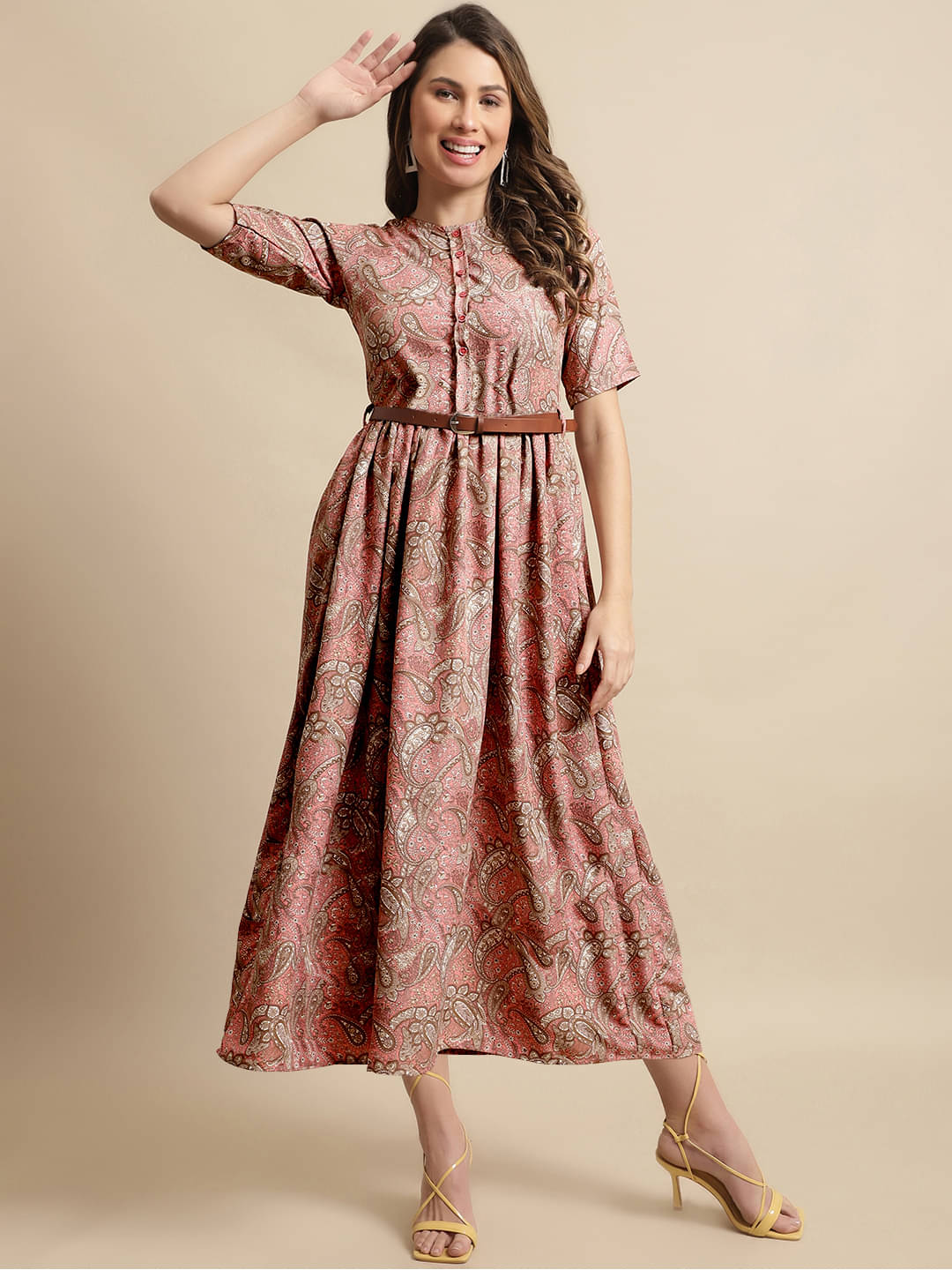     			Fabflee Women Rayon Printed A-line Dress ( Pink )