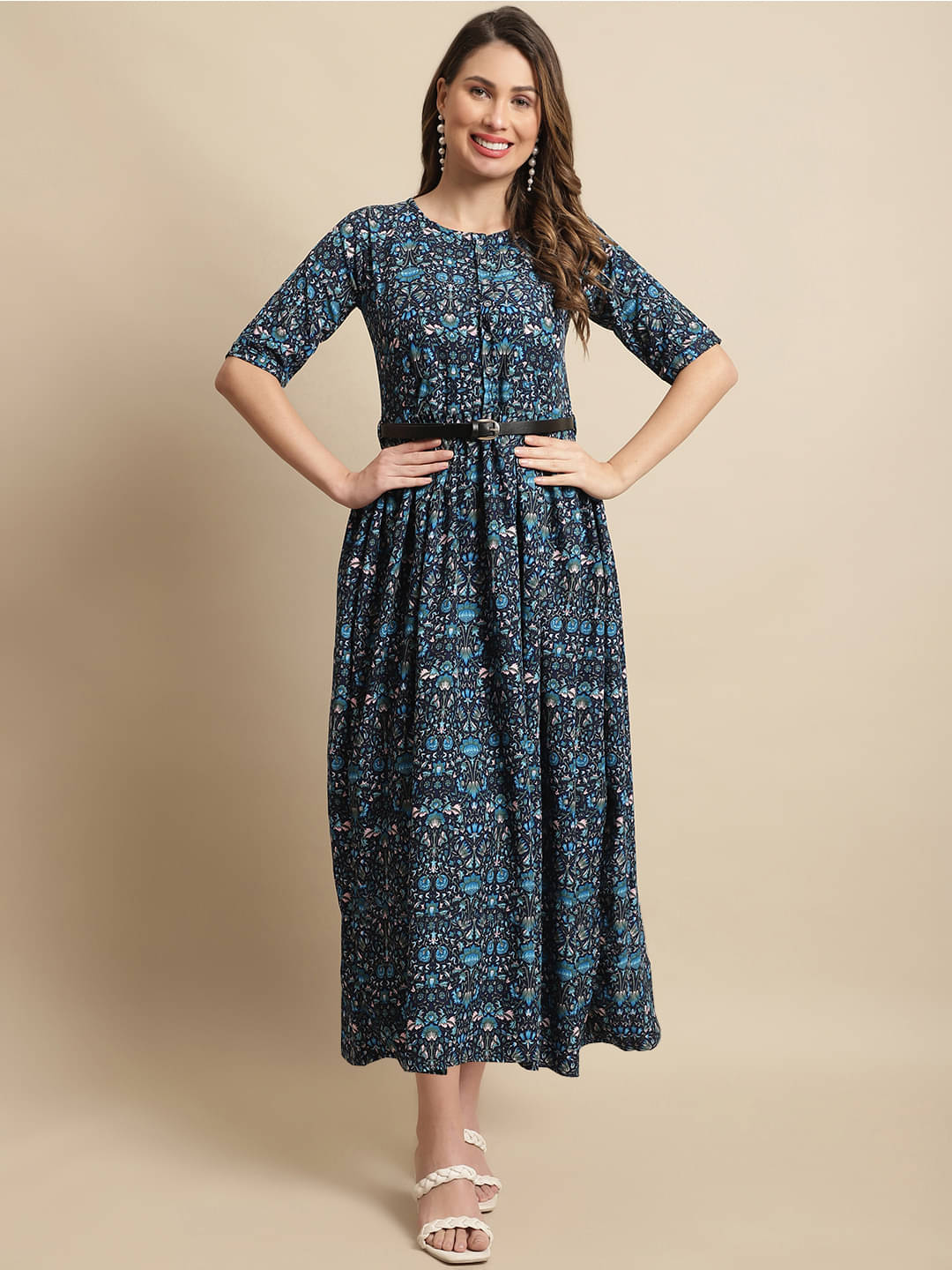 Fabflee Women Rayon Printed A-line Dress ( Light Blue ) Fabflee Women Rayon Printed A-line Dress ( Light Blue )