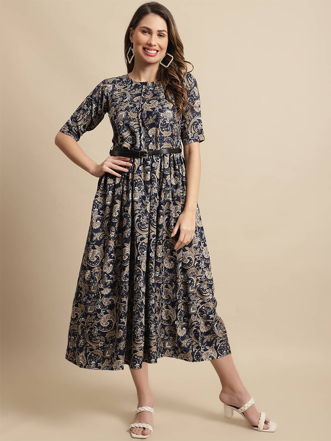 Fabflee Women Rayon Printed A-line Dress ( Blue ) Fabflee Women Rayon Printed A-line Dress ( Blue )