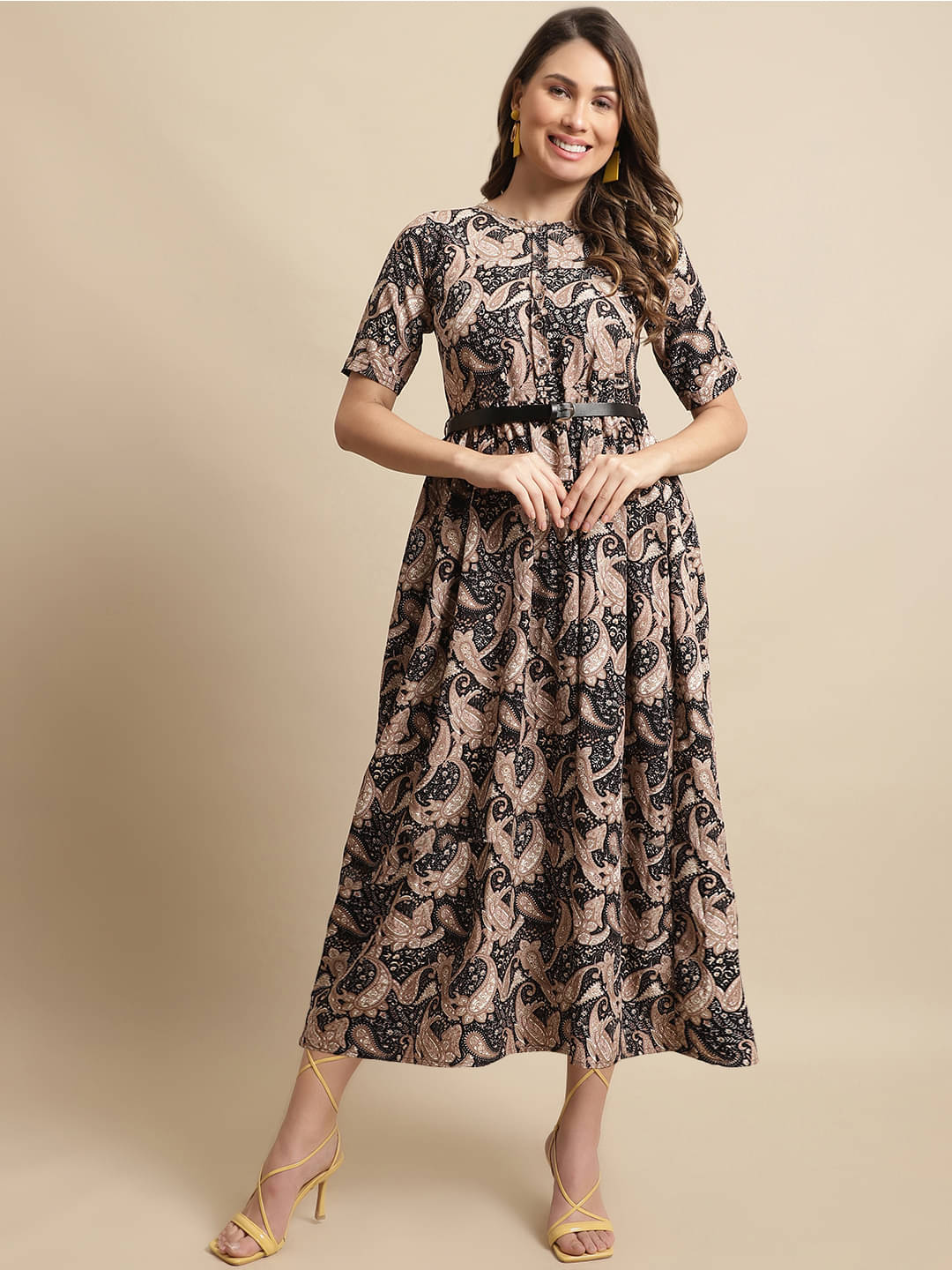     			Fabflee Women Rayon Printed A-line Dress ( Beige )