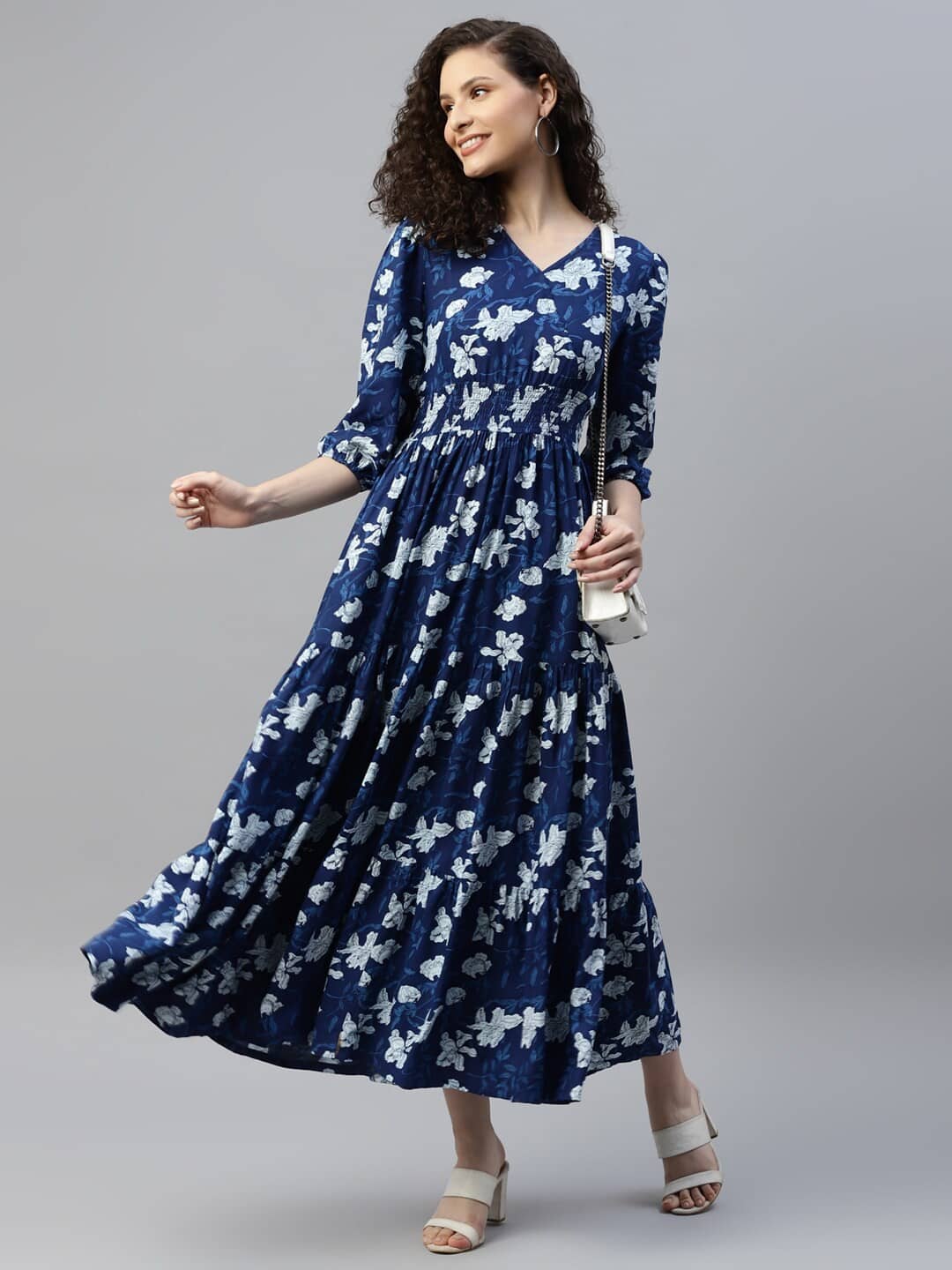 Femvy Polyester Printed Midi Women's Fit & Flare Dress - Blue ( Pack of 1 )