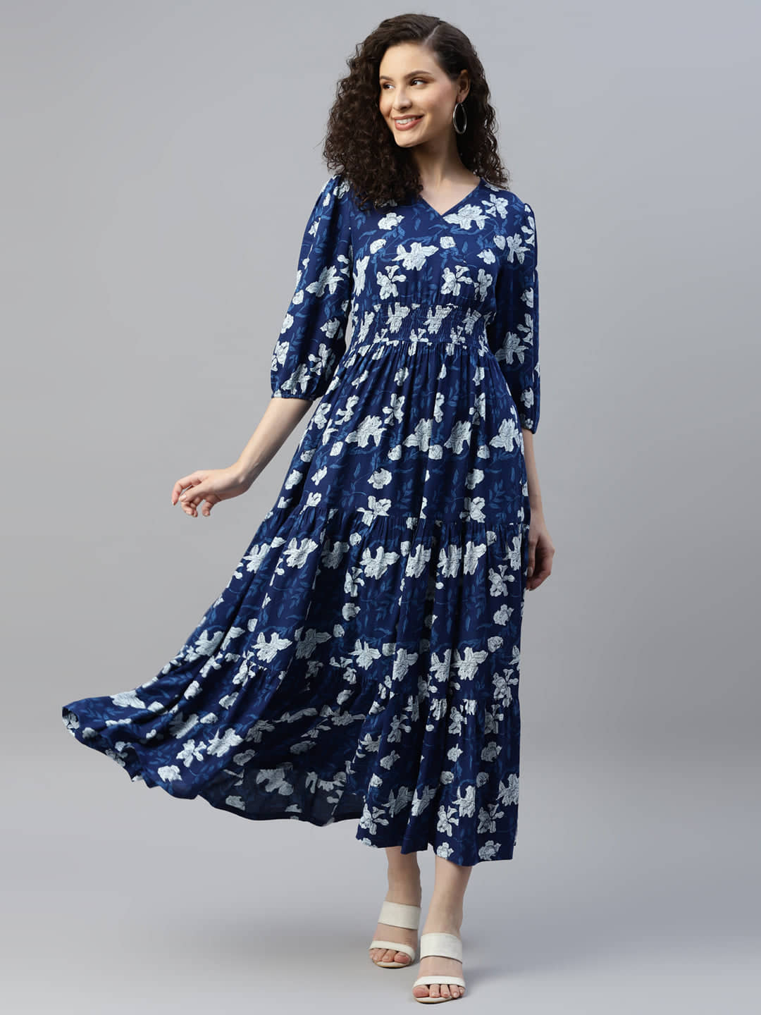 Femvy Polyester Printed Midi Women's Fit & Flare Dress - Blue ( Pack of 1 )