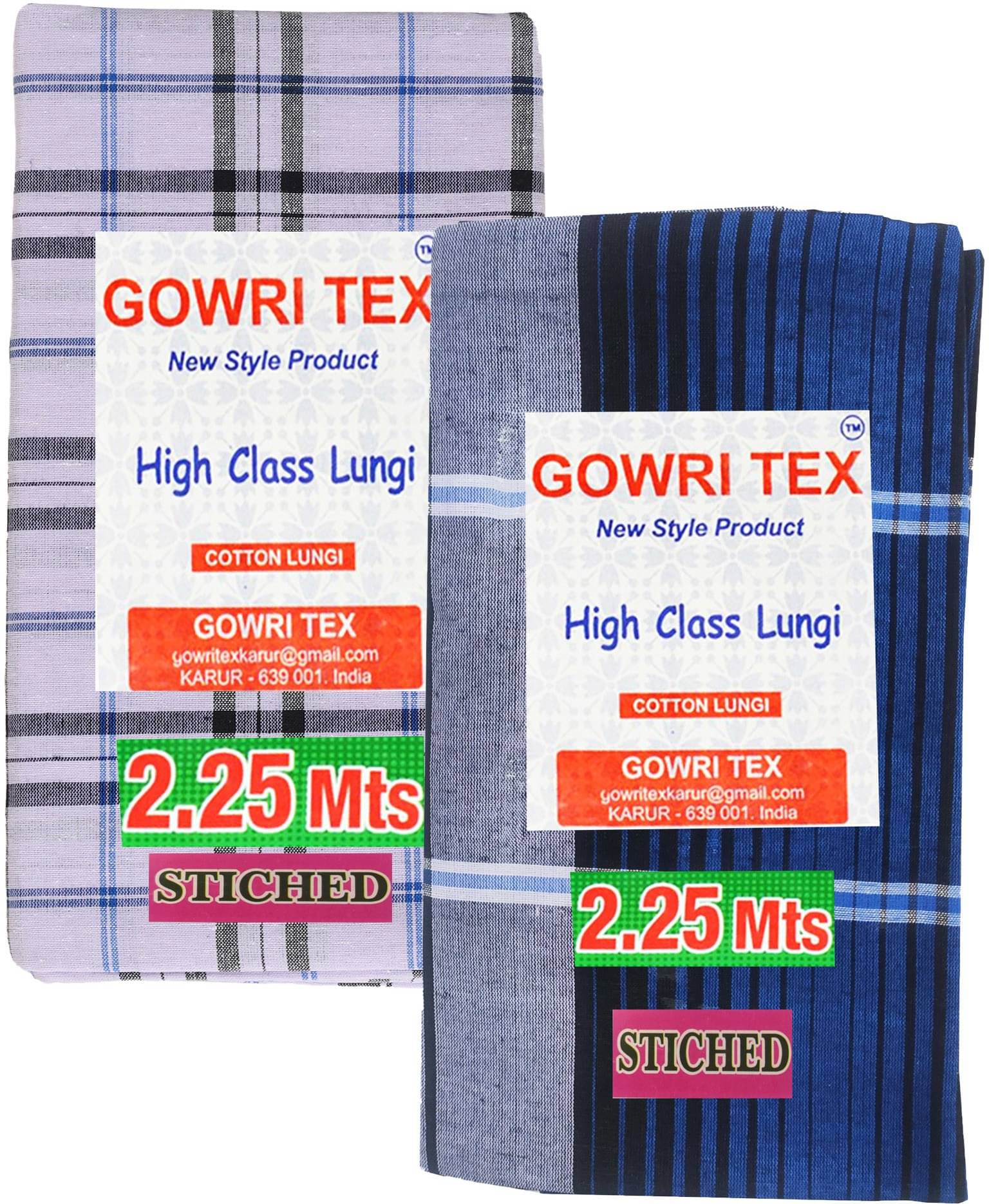 GOWRI TEX Cotton Blend Men's Lungi Multicolor ( Pack of 2 )     			GOWRI TEX Cotton Blend Men's Lungi Multicolor ( Pack of 2 )