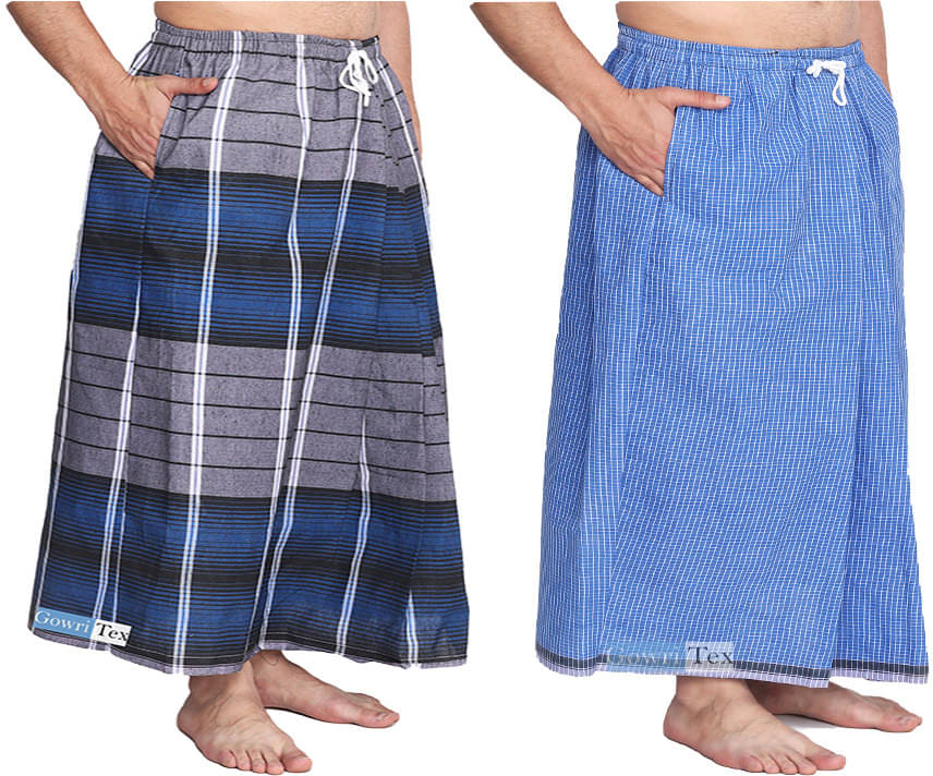     			GOWRI TEX Elastic Multicolor Cotton Blend Men's Lungi Dual Pocket ( Pack of 2 )