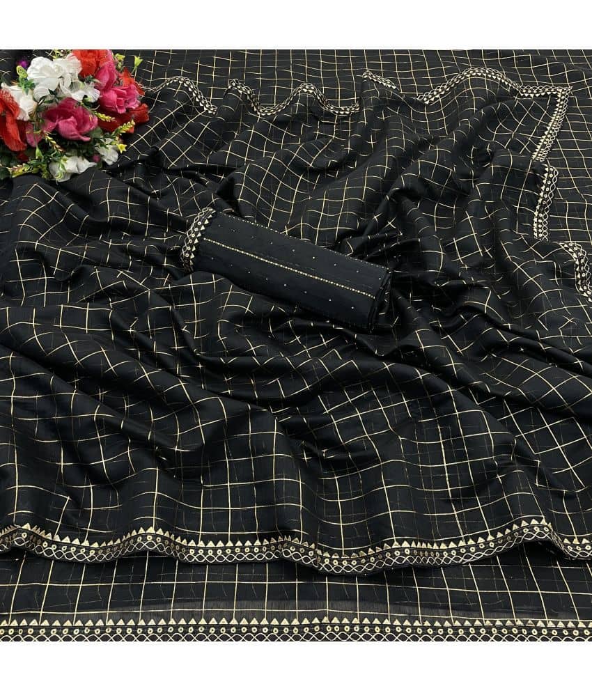 Gullak Chanderi Checks Saree With Unstitched Blouse Piece ( Black ) - Sarees | Buy online on ZillyBuy