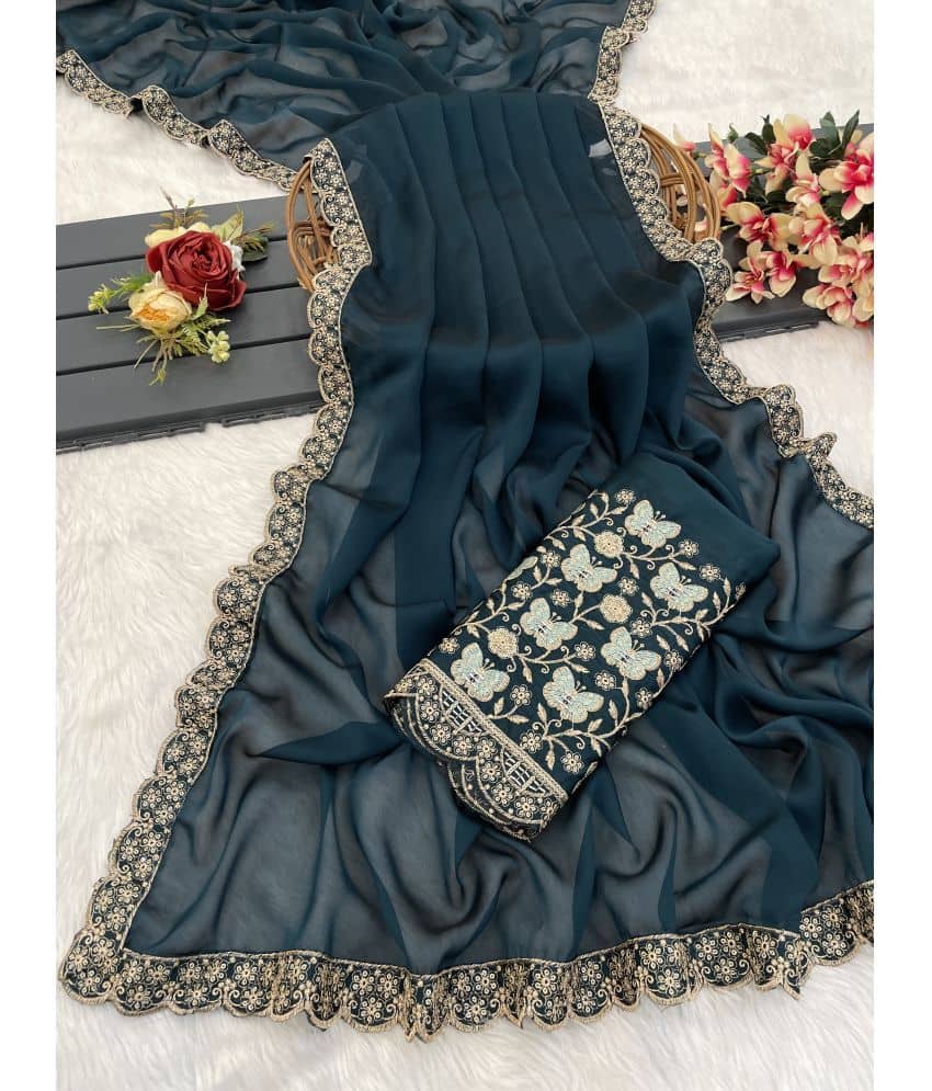 Gullak Chiffon Printed Saree With Unstitched Blouse Piece ( Navy Blue ) - Sarees | Buy online on ZillyBuy