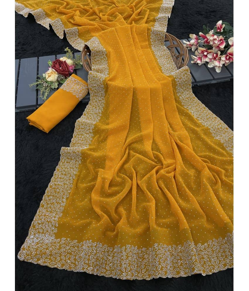 Gullak Georgette Embellished Saree With Unstitched Blouse Piece ( Yellow ) - Sarees | Buy online on ZillyBuy