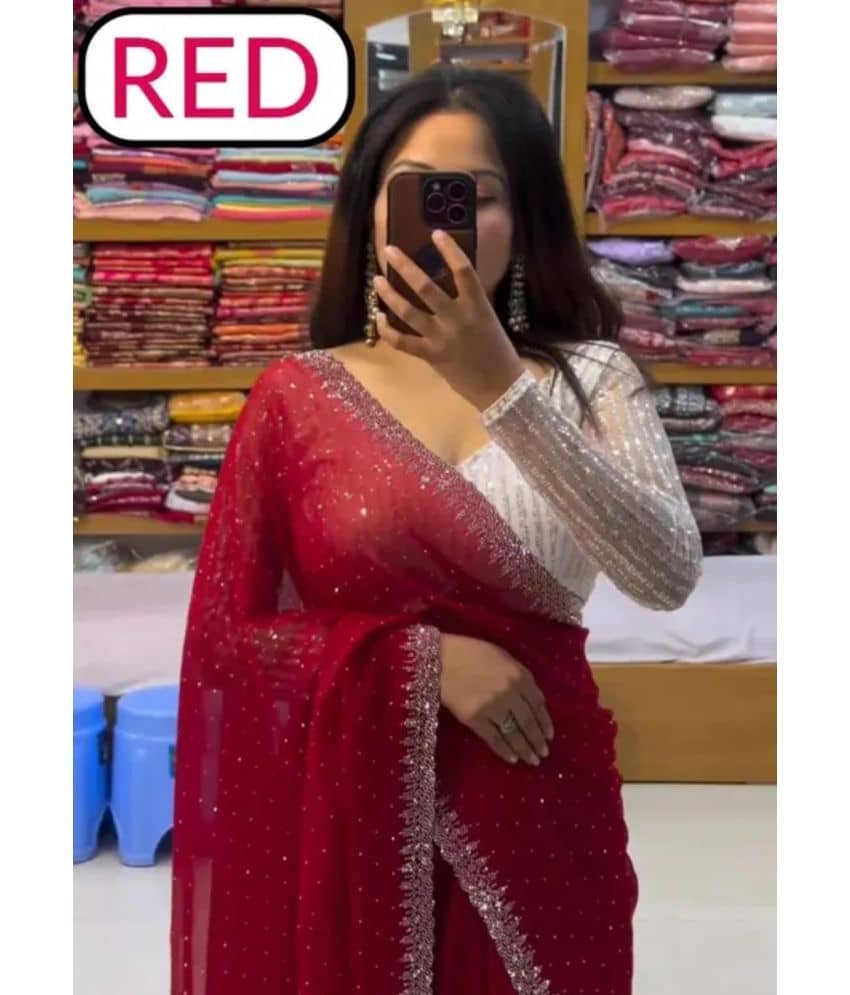 Gullak Georgette Embellished Saree With Unstitched Blouse Piece ( Red ) - Sarees | Buy online on ZillyBuy