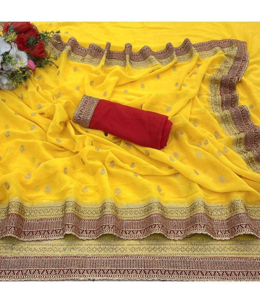 Gullak Georgette Embroidered Saree With Unstitched Blouse Piece ( Yellow ) Gullak Georgette Embroidered Saree With Unstitched Blouse Piece ( Yellow )