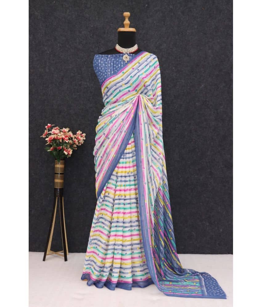 Gullak Georgette Printed Saree With Unstitched Blouse Piece ( White ) - Sarees | Buy online on ZillyBuy