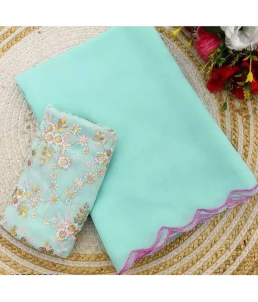 Gullak Georgette Solid Saree With Unstitched Blouse Piece ( Aqua Blue ) - Sarees | Buy online on ZillyBuy