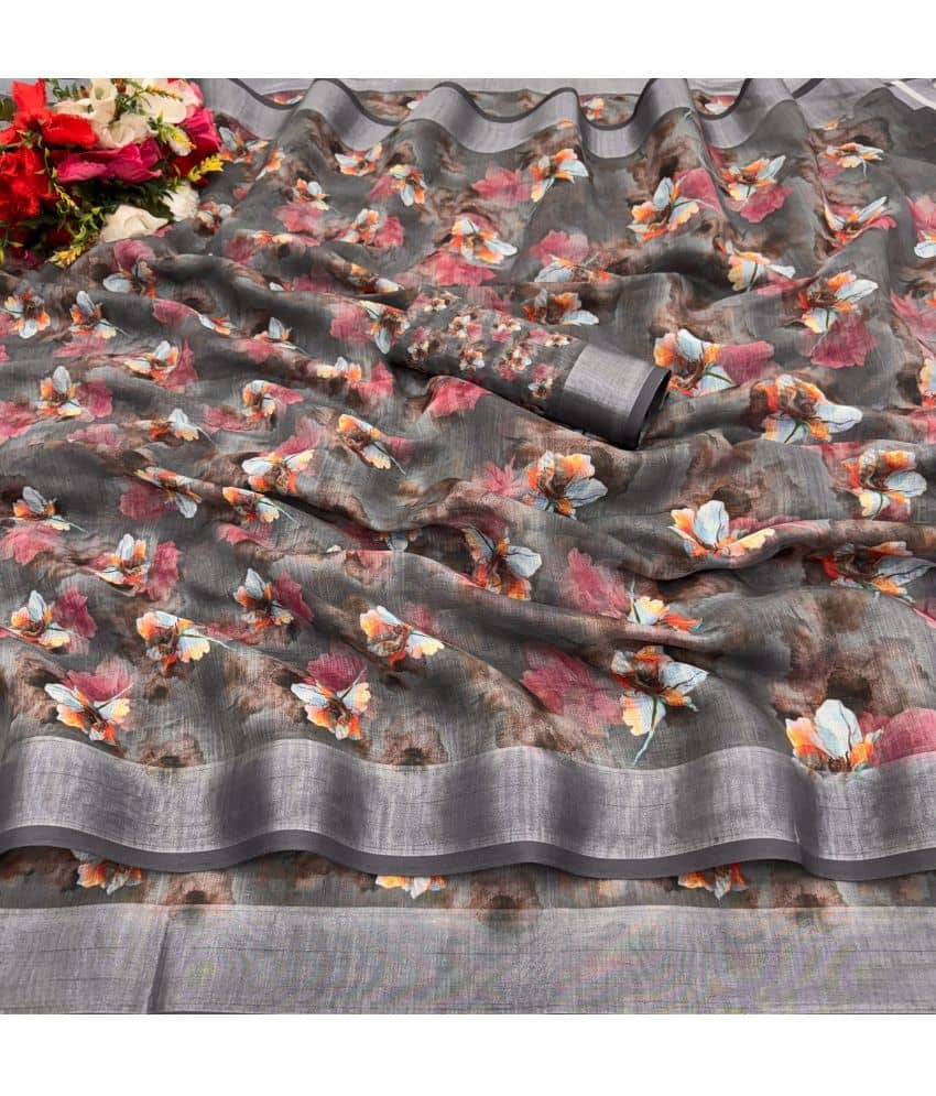Gullak Linen Printed Saree With Unstitched Blouse Piece ( Grey ) - Sarees | Buy online on ZillyBuy