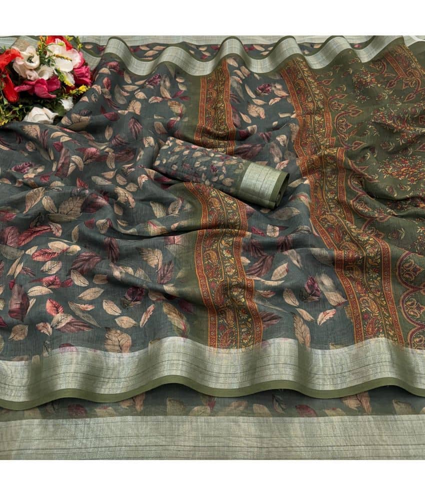 Gullak Linen Printed Saree With Unstitched Blouse Piece ( Olive ) - Sarees | Buy online on ZillyBuy