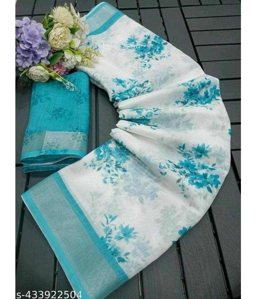 Gullak Linen Printed Saree With Unstitched Blouse Piece ( White ) Gullak Linen Printed Saree With Unstitched Blouse Piece ( White )