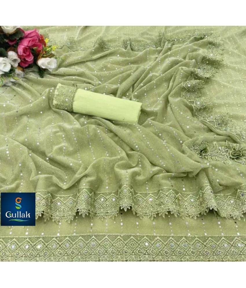     			Gullak Lycra Embellished Saree With Unstitched Blouse Piece ( Green )