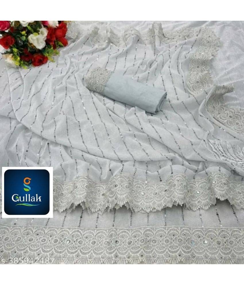     			Gullak Lycra Embellished Saree With Unstitched Blouse Piece ( White )