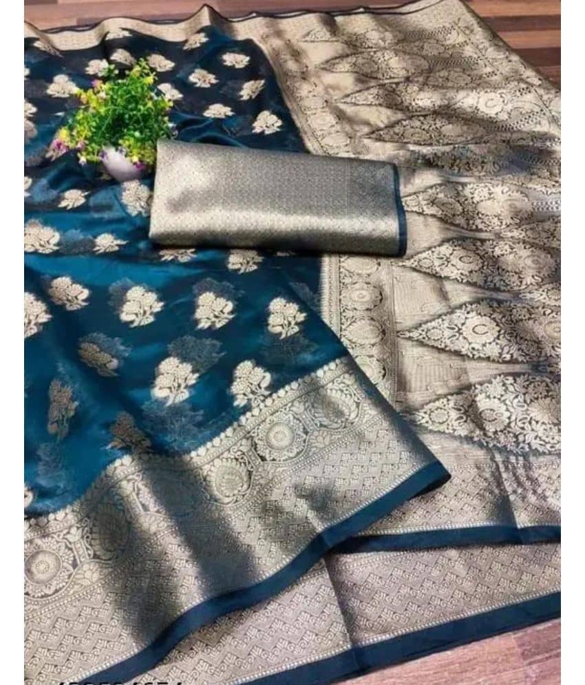 Gullak Organza Embellished Saree With Unstitched Blouse Piece ( Teal ) - Sarees | Buy online on ZillyBuy