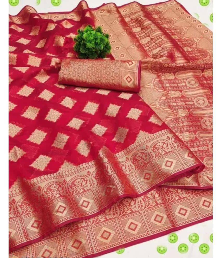 Gullak Organza Embellished Saree With Unstitched Blouse Piece ( Red ) - Sarees | Buy online on ZillyBuy
