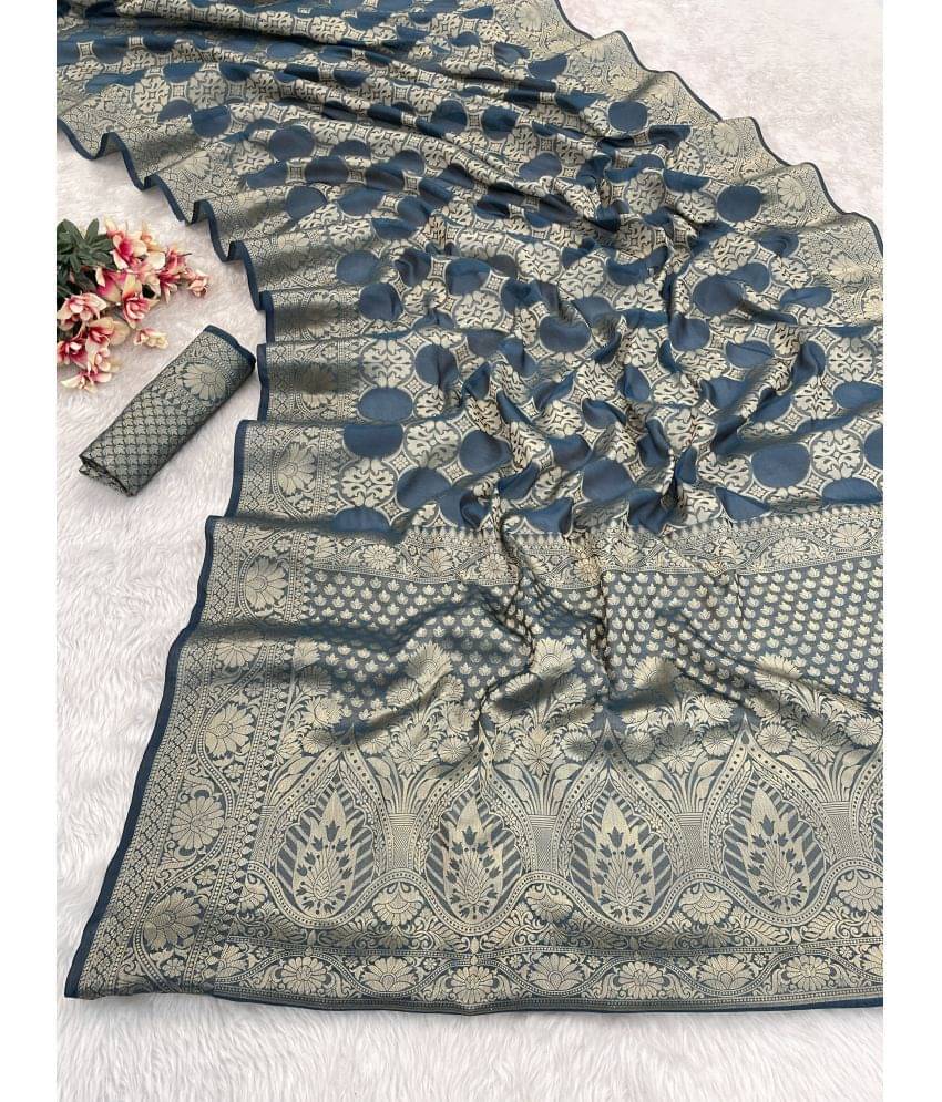     			Gullak Organza Embellished Saree With Unstitched Blouse Piece ( Teal )