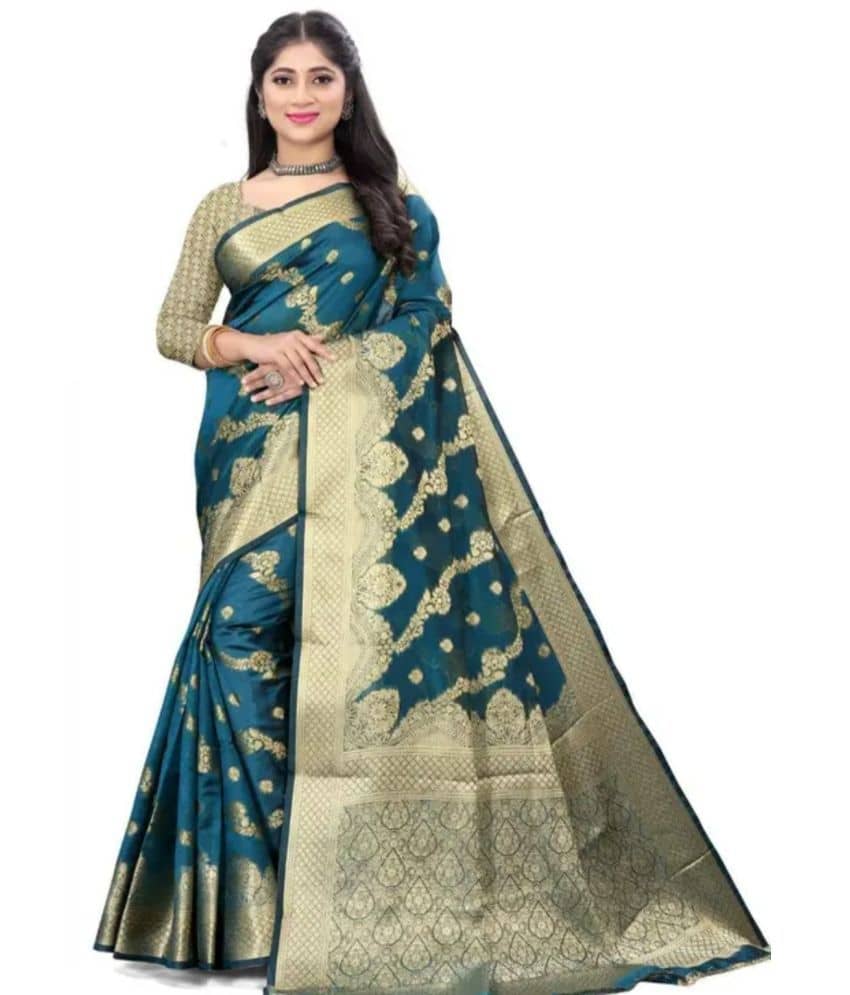 Gullak Organza Embellished Saree With Unstitched Blouse Piece ( Teal ) - Sarees | Buy online on ZillyBuy
