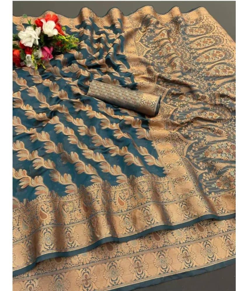 Gullak Organza Embellished Saree With Unstitched Blouse Piece ( Teal ) - Sarees | Buy online on ZillyBuy