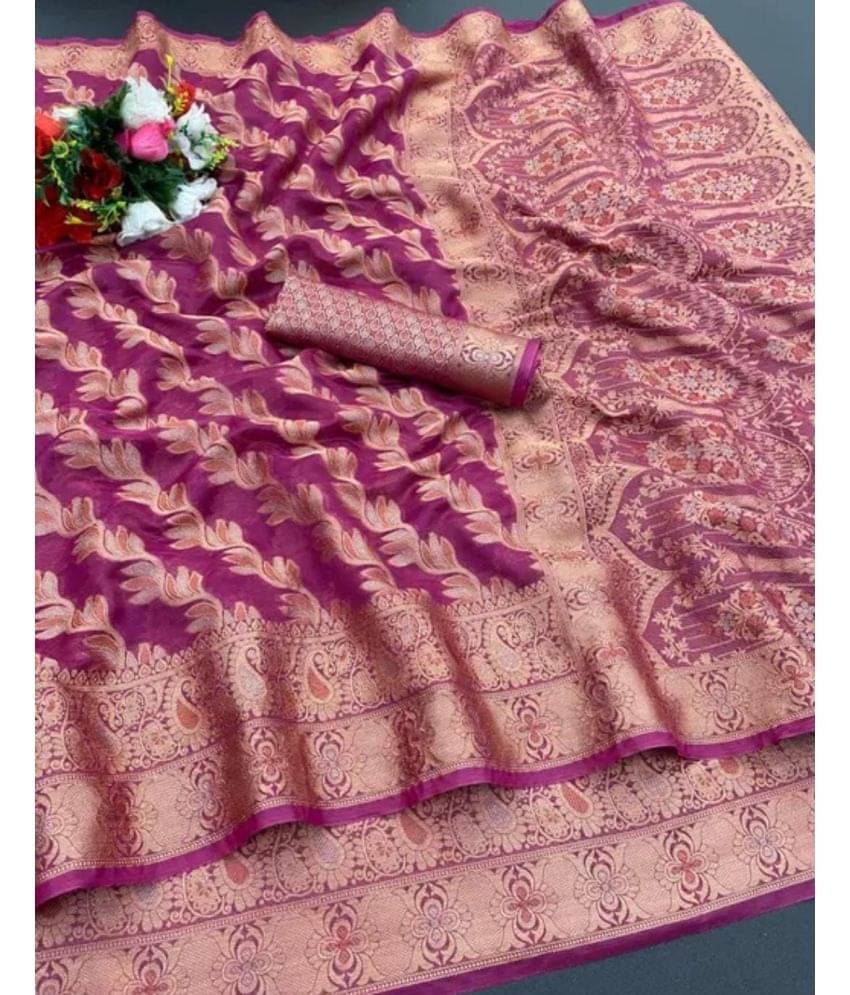     			Gullak Organza Embellished Saree With Unstitched Blouse Piece ( Purple )