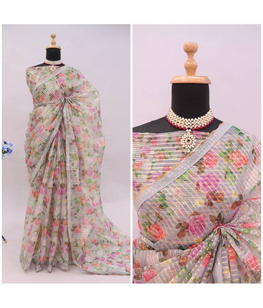 Gullak Organza Printed Saree With Unstitched Blouse Piece ( Grey ) Gullak Organza Printed Saree With Unstitched Blouse Piece ( Grey )