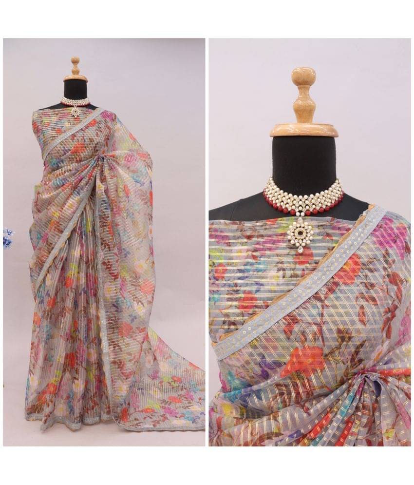 Gullak Organza Printed Saree With Unstitched Blouse Piece ( Grey ) Gullak Organza Printed Saree With Unstitched Blouse Piece ( Grey )