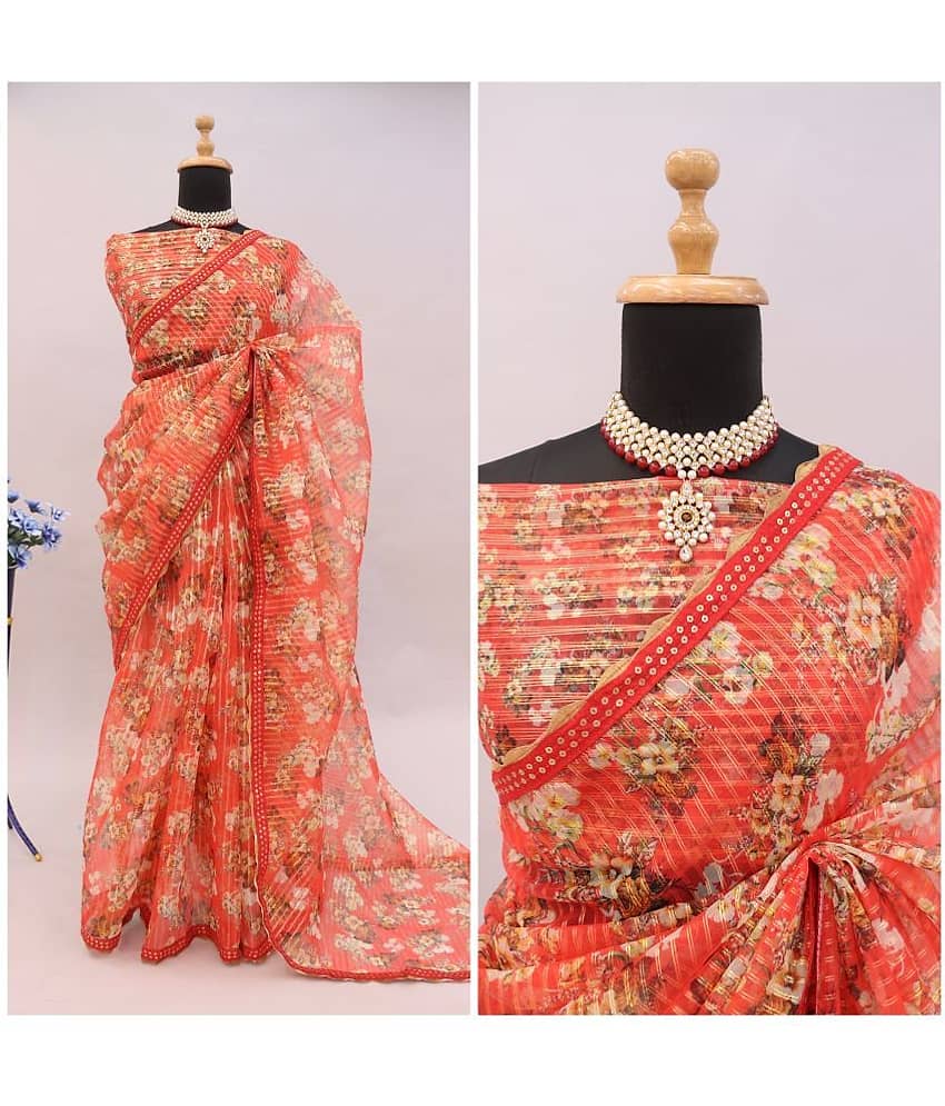 Gullak Organza Printed Saree With Unstitched Blouse Piece ( Orange ) - Sarees | Buy online on ZillyBuy