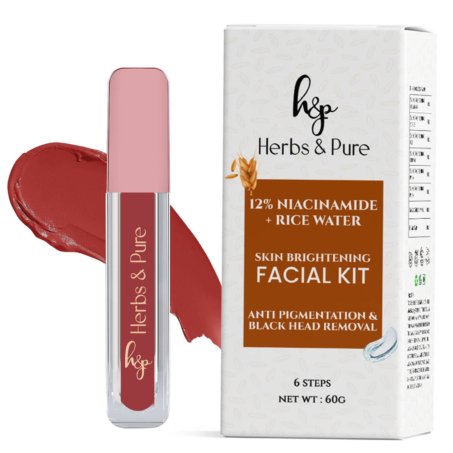     			Herbs and Pure Rice Water Facial Kit & Non-Transfer Liquid Lipstick- Peachy Nude, Set of 2, 66g)