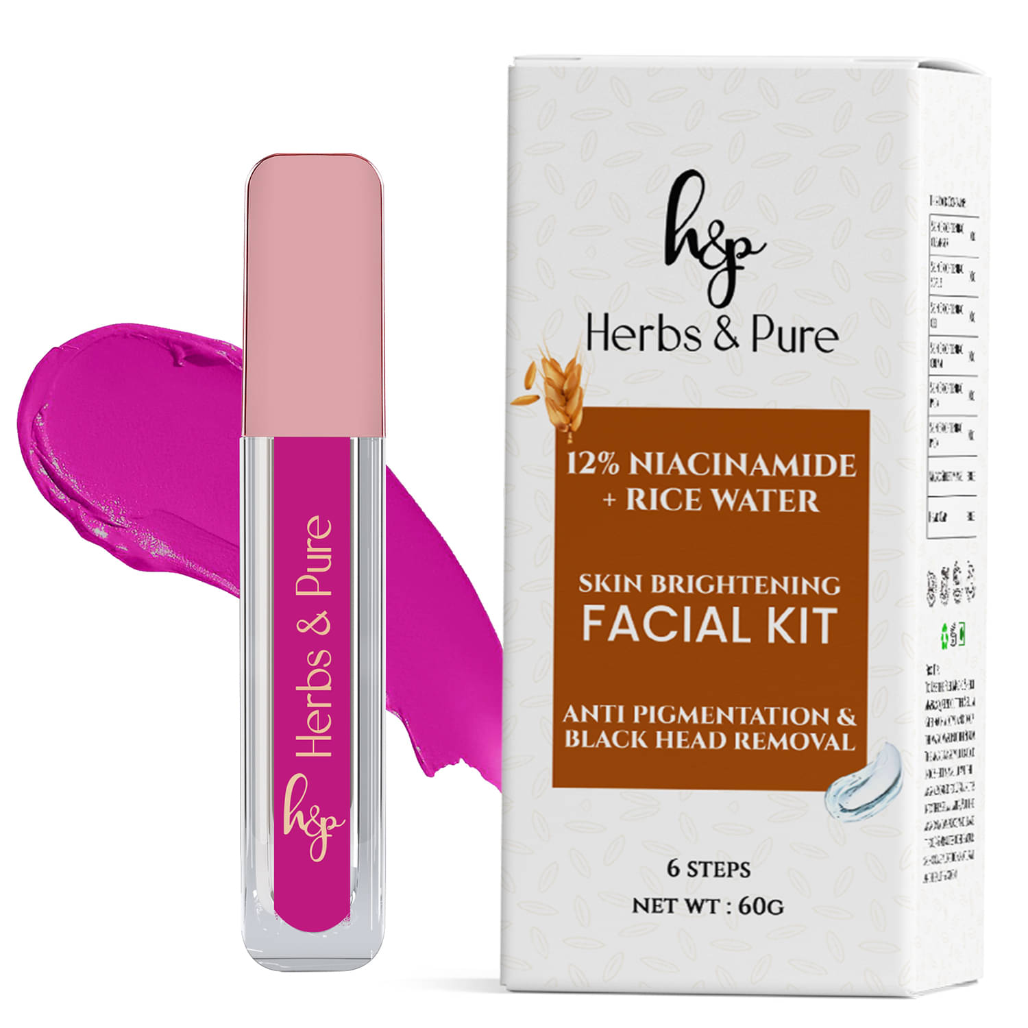     			Herbs and Pure Rice Water Facial Kit & Full Coverage Liquid Lipstick- Pink Charm, Set of 2, 66g)