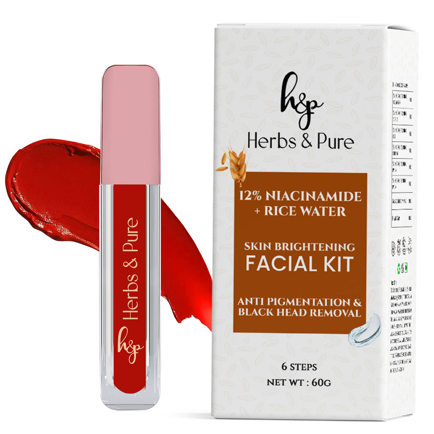     			Herbs and Pure Rice Water Facial Kit & Long Lasting Liquid Lipstick- Rose Desire, Set of 2, 66g)