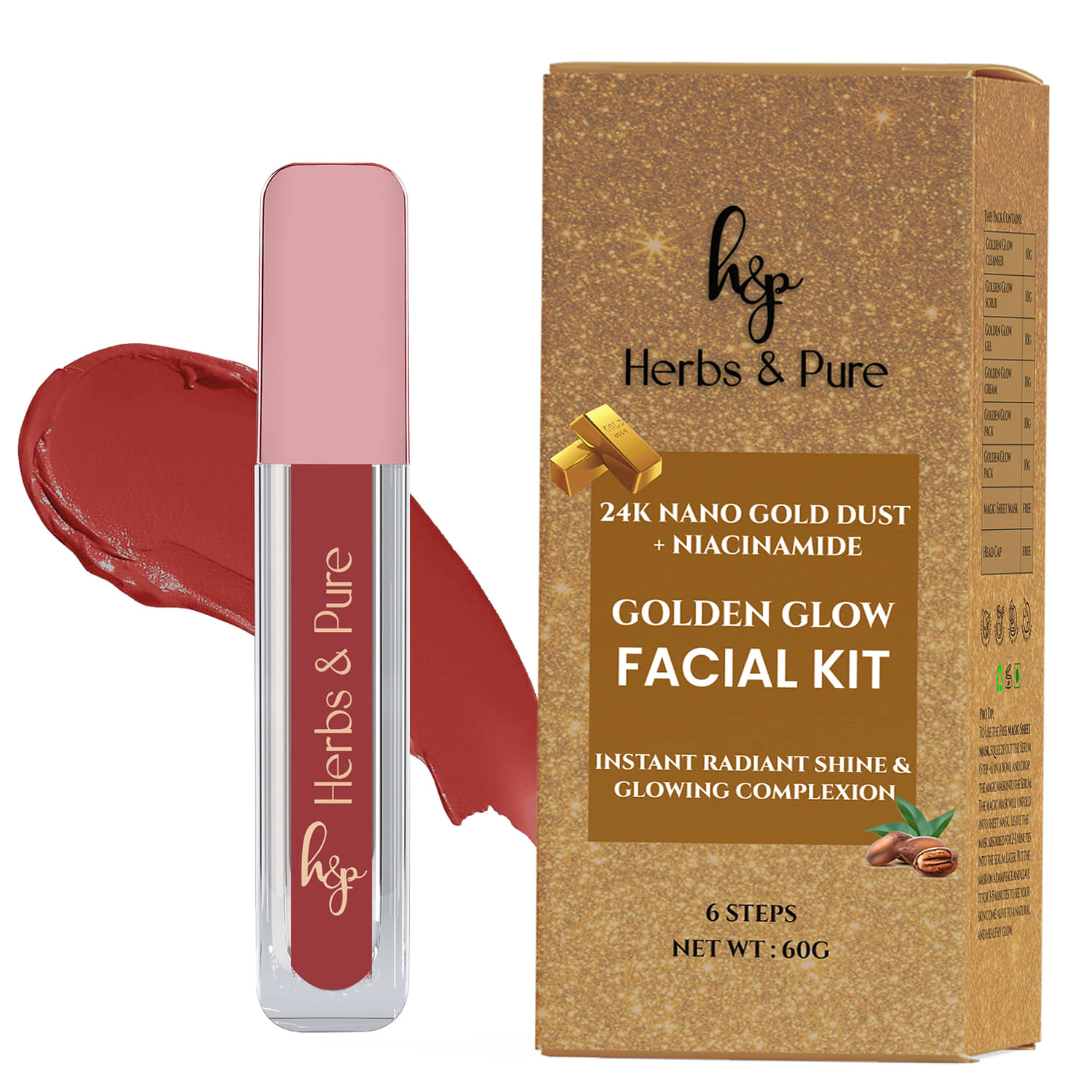 Herbs and Pure Golden Glow Facial Kit & Non-Transfer Nude Liquid Lipstick- Peachy Nude,Set of 2, 66g) Herbs and Pure Golden Glow Facial Kit & Non-Transfer Nude Liquid Lipstick- Peachy Nude,Set of 2, 66g)