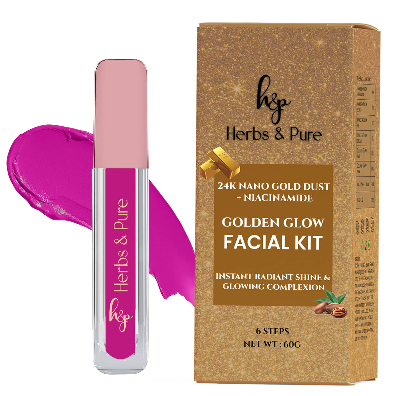     			Herbs and Pure Golden Glow Facial Kit & Pink Bold Matte Liquid Lipstick- Pink Charm, Set of 2, 66g)