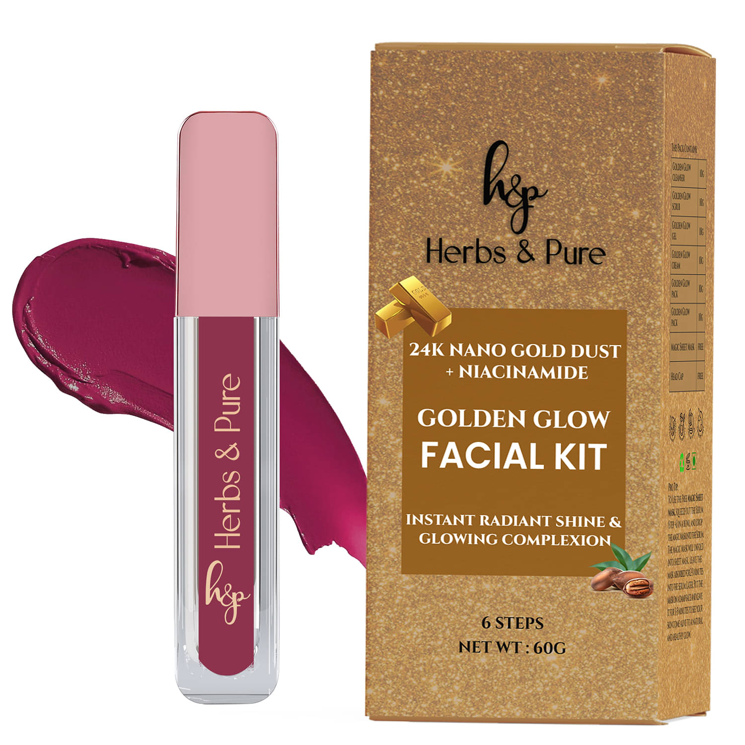     			Herbs and Pure Golden Glow Facial Kit & Moisturizing Matte Lipstick- Midnight Rose, Set of 2, 66g)