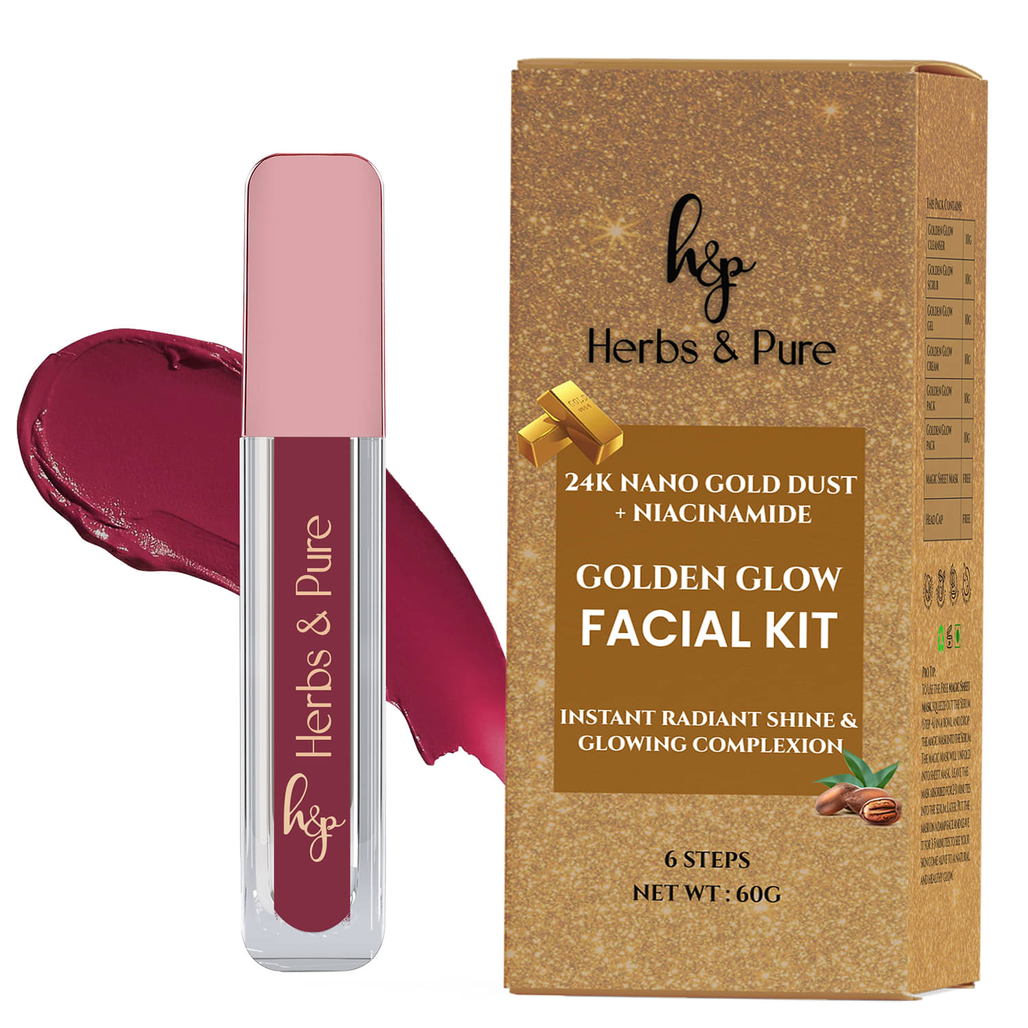     			Herbs and Pure Golden Glow Facial Kit & Moisturizing Liquid Lipstick- Plum Paradise, Set of 2, 66g)