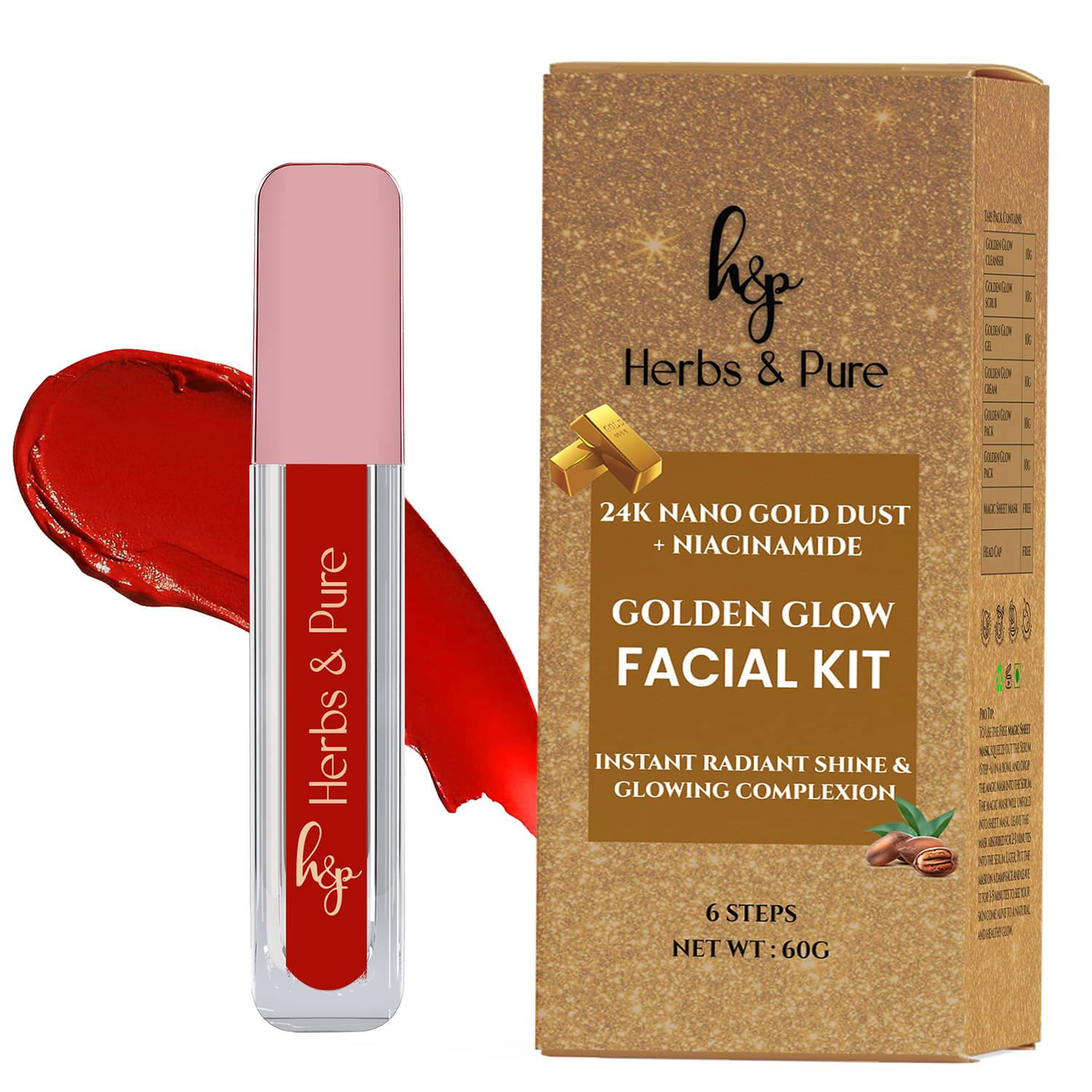     			Herbs and Pure Golden Glow Facial Kit & Long Lasting Liquid Lipstick- Rose Desire, Set of 2, 66g)