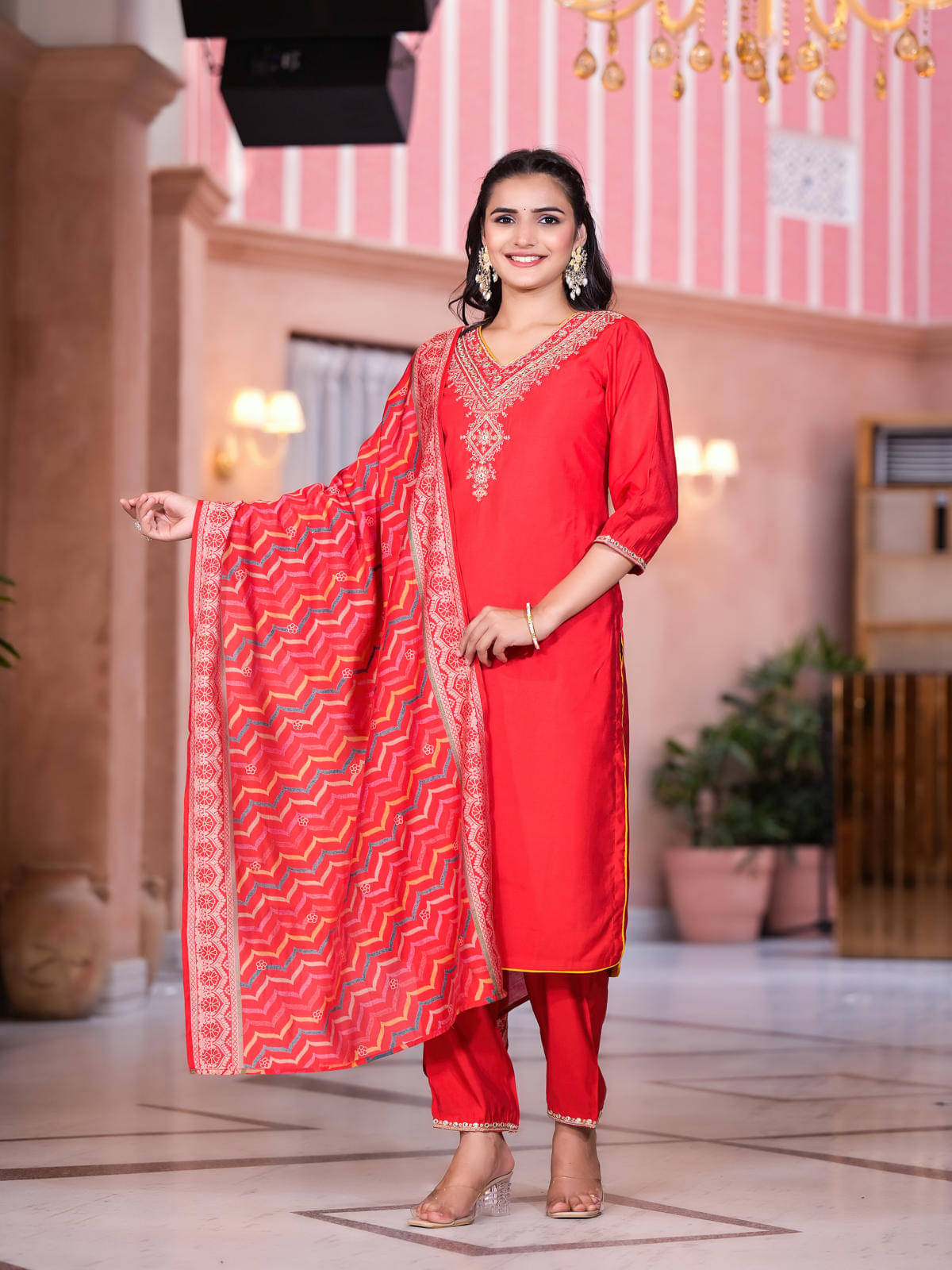 Juniper Silk Embroidered Kurti With Pants Women's Stitched Salwar Suit - Red ( Pack of 1 ) Juniper Silk Embroidered Kurti With Pants Women's Stitched Salwar Suit - Red ( Pack of 1 )