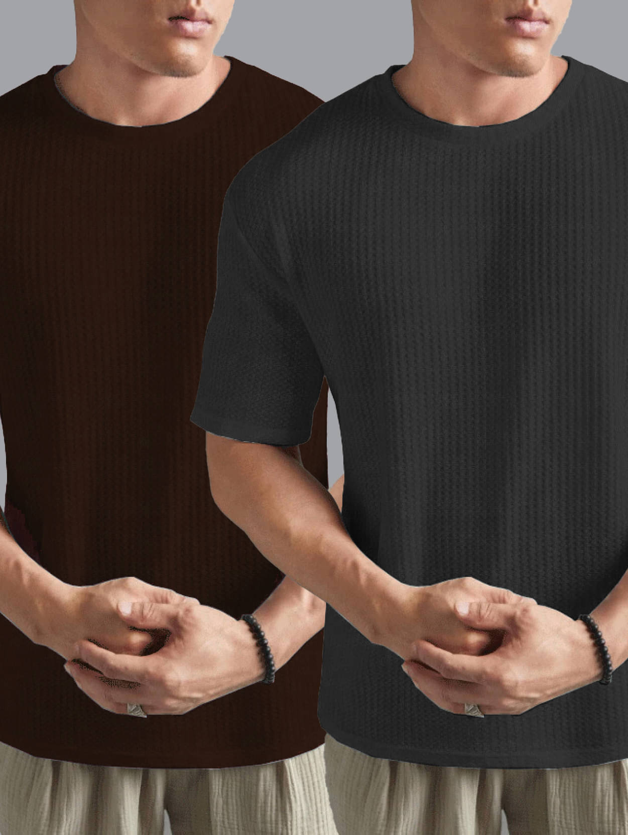 Merriment Cotton Blend Regular Fit Self Design Half Sleeves Men's Round T-Shirt - Charcoal Grey ( Pack of 2 )     			Merriment Cotton Blend Regular Fit Self Design Half Sleeves Men's Round T-Shirt - Charcoal Grey ( Pack of 2 )