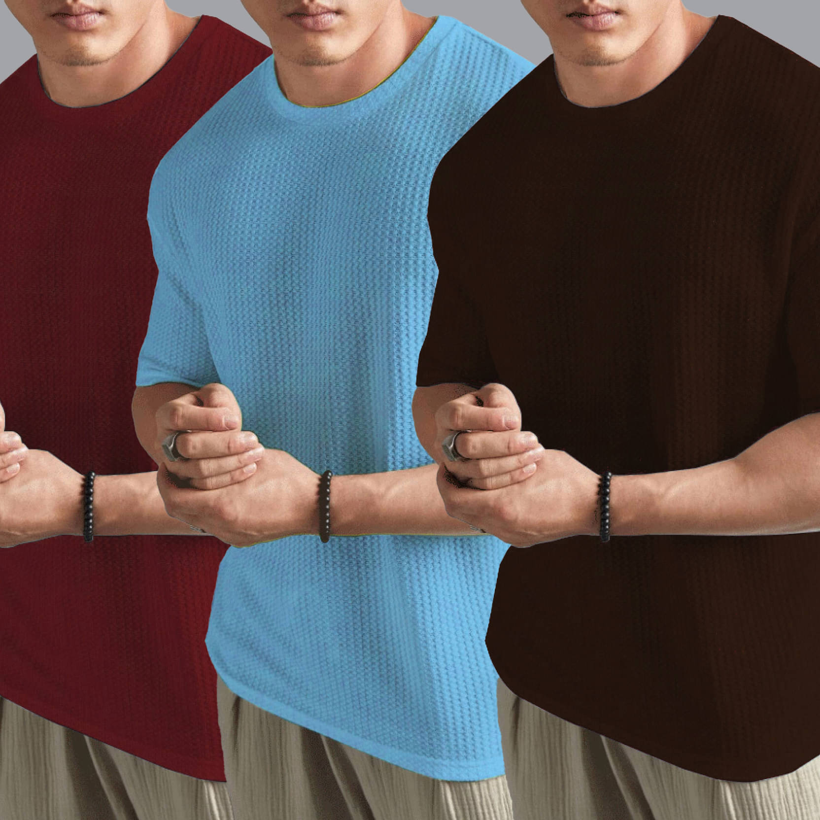 Merriment Cotton Blend Regular Fit Self Design Half Sleeves Men's Round T-Shirt - Brown ( Pack of 3 ) Merriment Cotton Blend Regular Fit Self Design Half Sleeves Men's Round T-Shirt - Brown ( Pack of 3 )