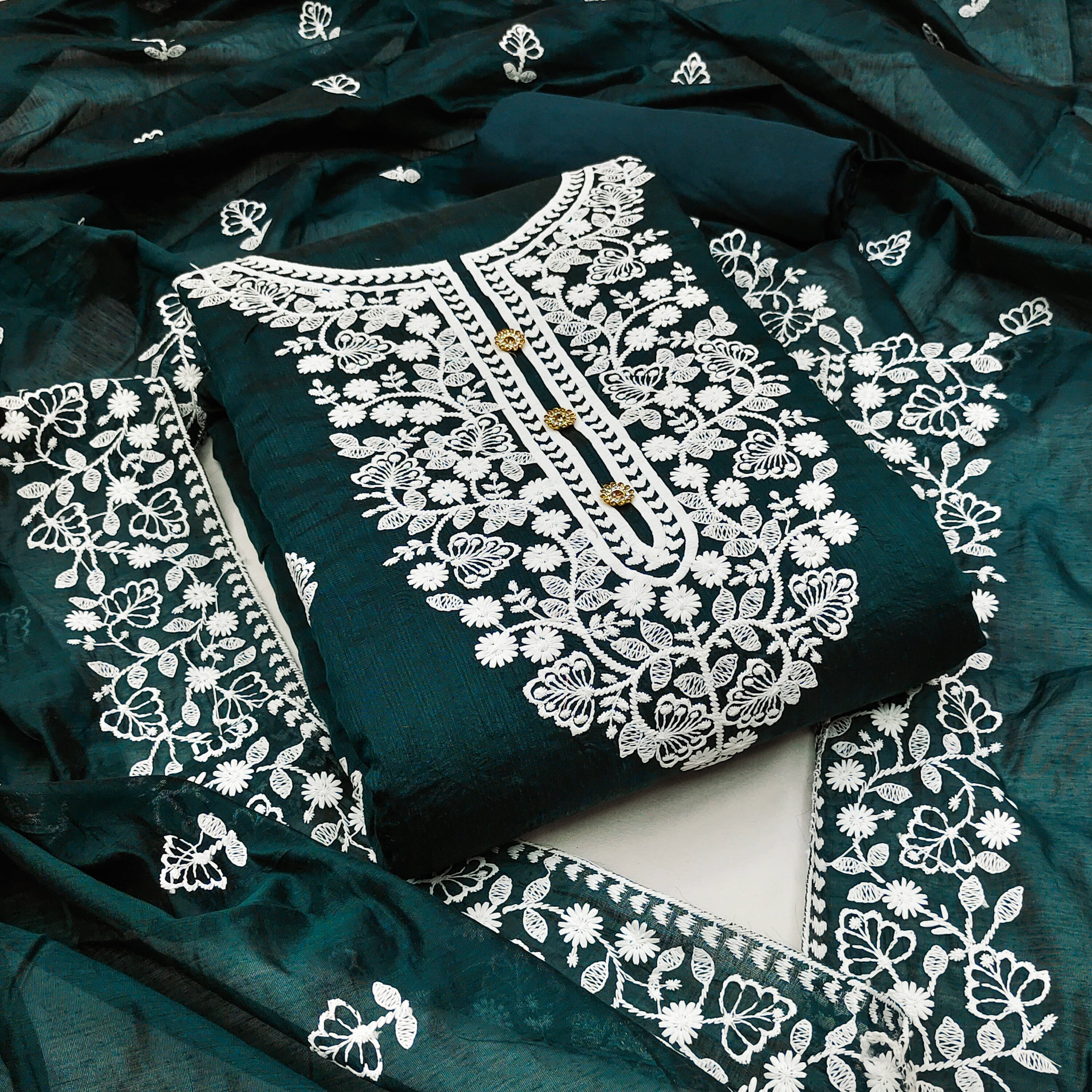     			Nayanthara Trends Unstitched Chanderi Embroidered Dress Material - Teal ( Pack of 1 )